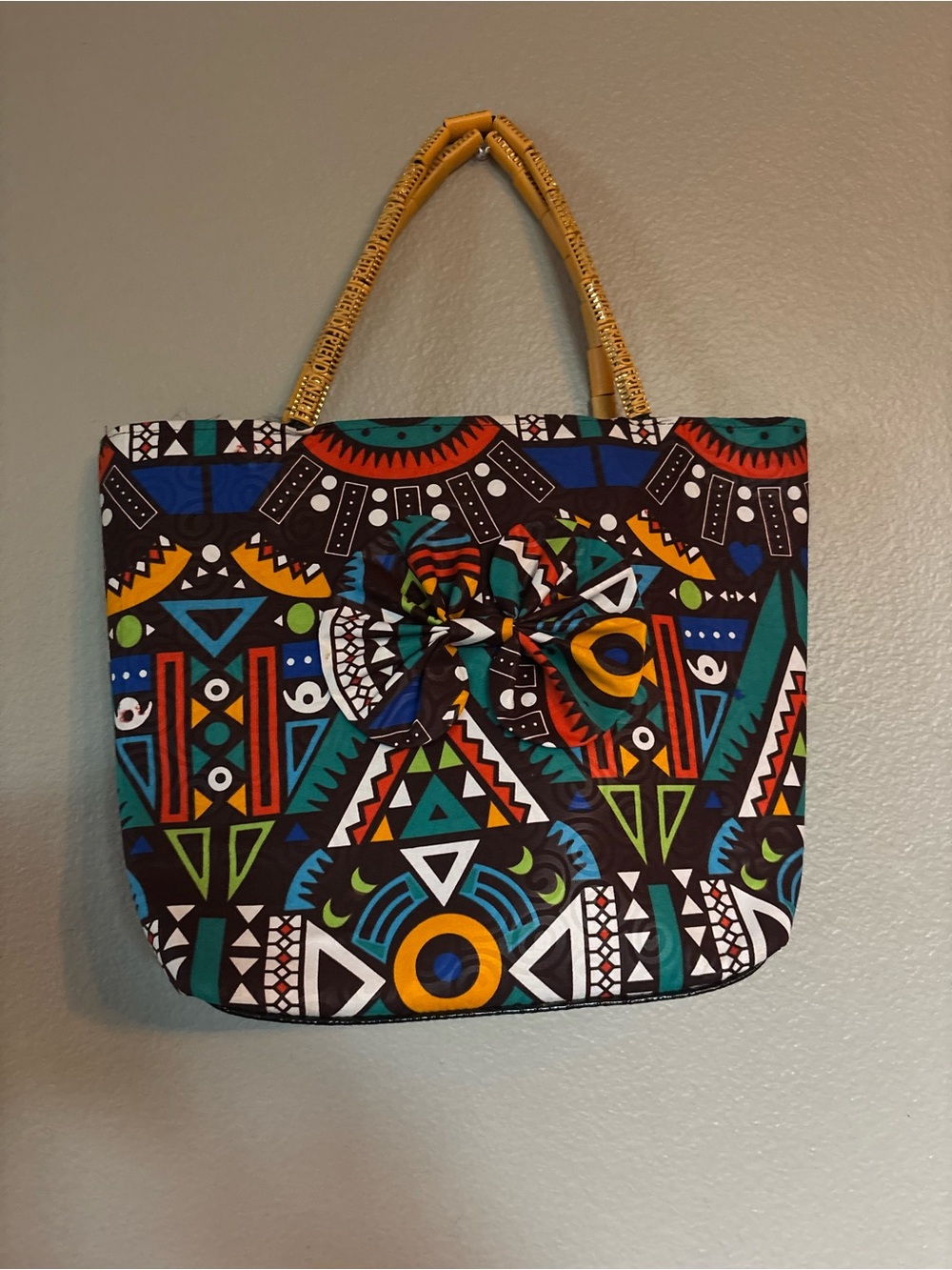 Colorful Tribal Print Tote Bag with Bow Accent - Multicolor